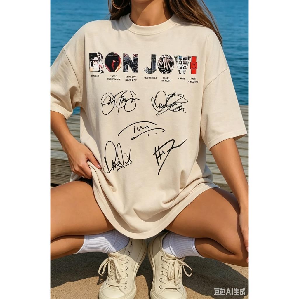American Rock Band T-shirt Bon Jovi Print Women Men Crewneck Streetwear Oversized Y2k Short Sleeves Loose Comfortable Female Male Clothing