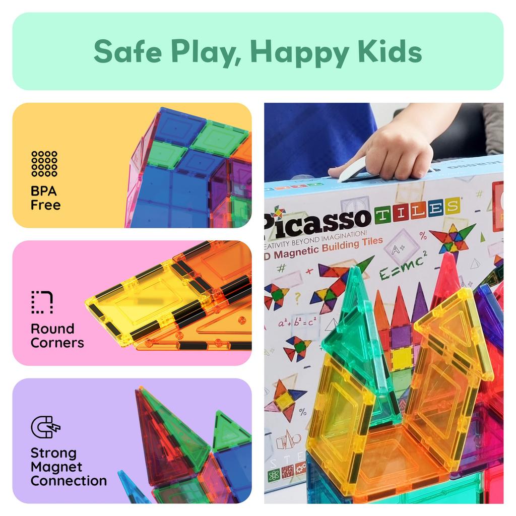 PicassoTiles 100 Piece Set 100pcs Magnet Building Tiles Clear Magnetic 3D Blocks Construction Playboards, Creativity Beyond Imagination, Inspirational