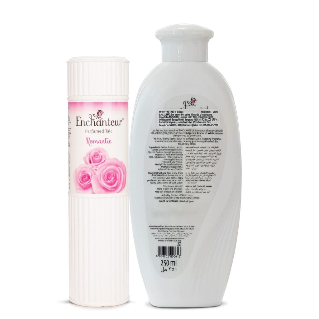 Ароматизированный тальк Enchanteur Romantic для женщин, 250 г и Ароматизированный гель для душа Enchanteur Romantic (Гель для тела) для женщин, 250 мл с розами и жасмином Extra