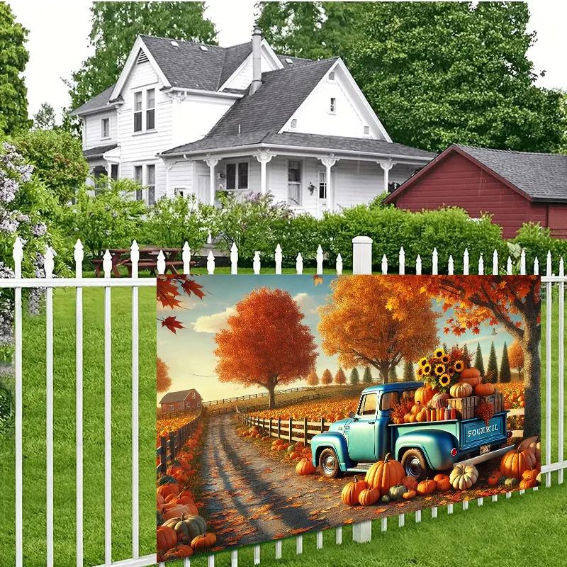 Vintage blue truck with a pumpkin-themed autumn background banner - 243.84 x 182.88 cm polyester fiber wall panelDJH