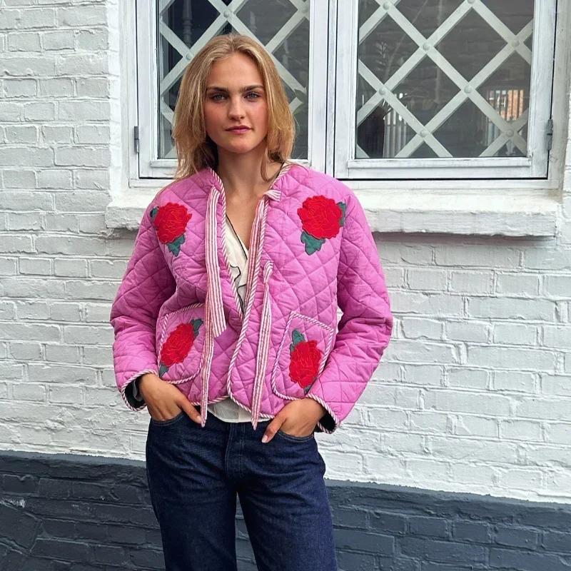 Женская хлопковая куртка с цветочным принтом на шнуровке, шикарный О-образный вырез, карман, длинное рукавное пальто, осень 2024 г., женская стеганая теплая верхняя одежда с подкладкой