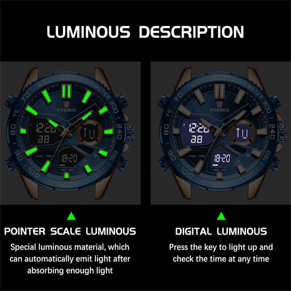 FOXBOX Sport Watches for Men Top Brand Luxury Dual Display Stainless Steel Band Waterproof Luminous Quartz Wristwatch+Box