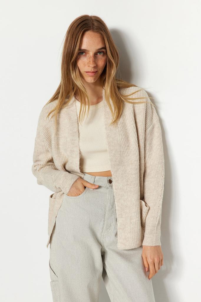 Women's Fashion New Cardigan Stone Wide Fit Soft Textured Pocket Detailed Knitwear Cardigan