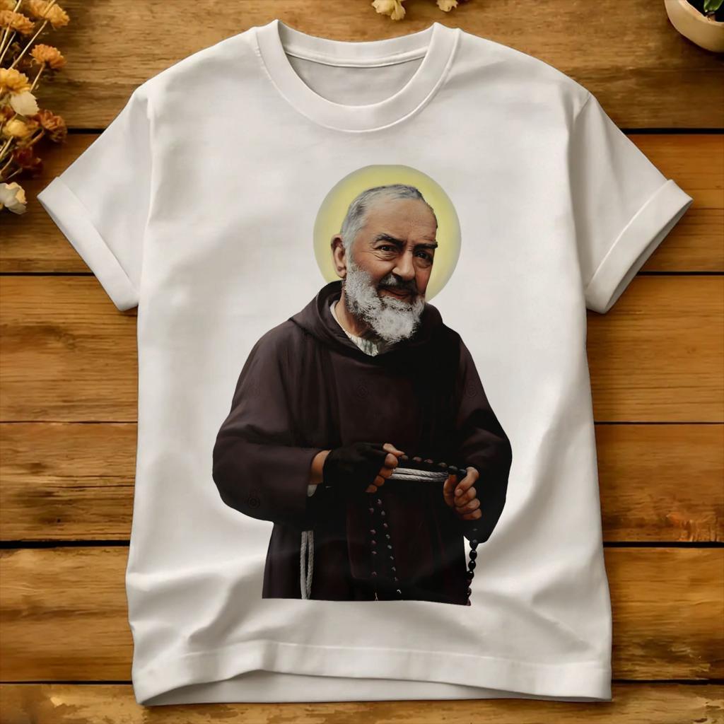 Padre Pio Transparent Background T Shirt Summer Cotton T Shirts For Couple Custom Logo Tee Shirt Short Sleeve Y2k Funny Tops