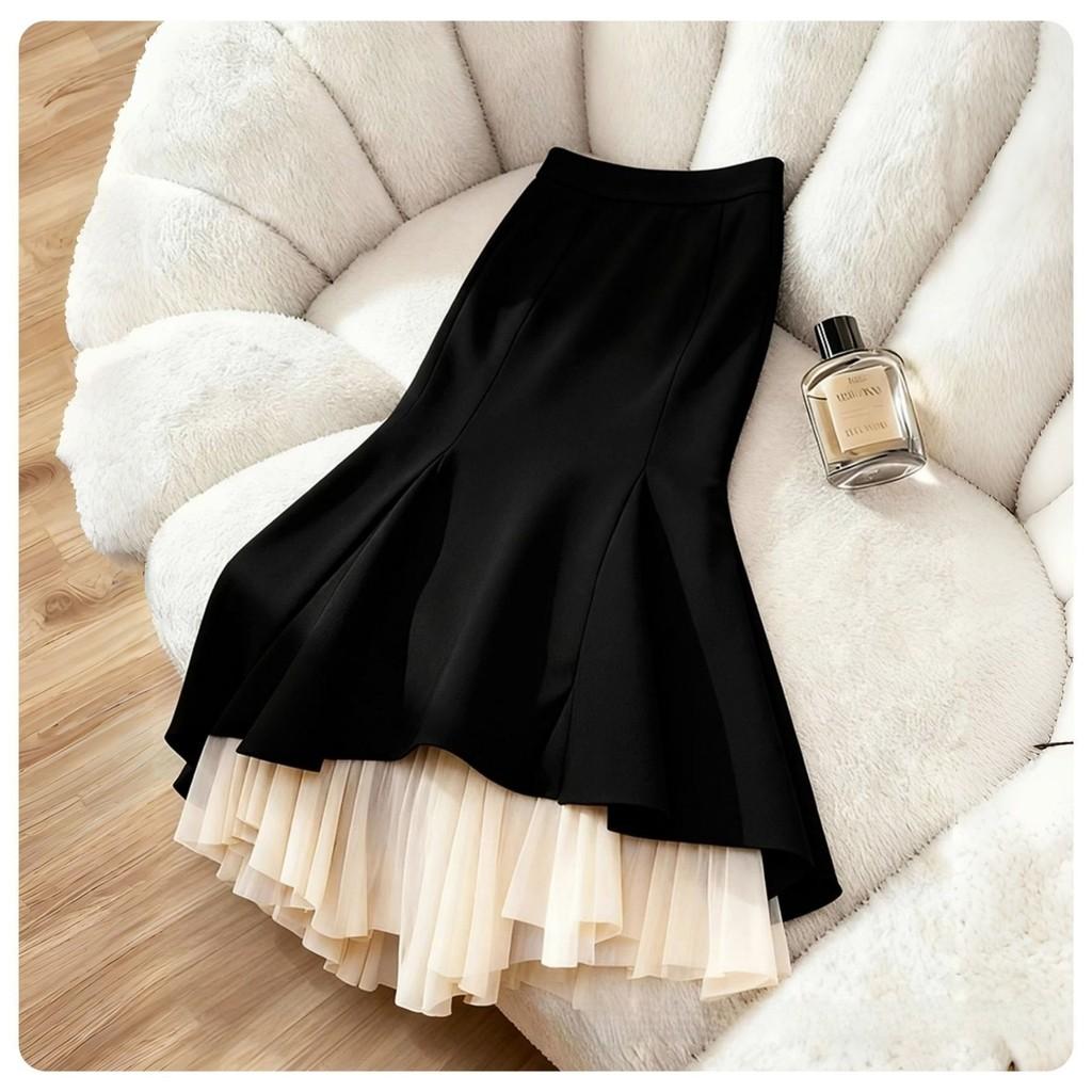 Modern Cotton Blend Womens Long Skirt With Wave Hem And Ruffle Details For Spring Fashion