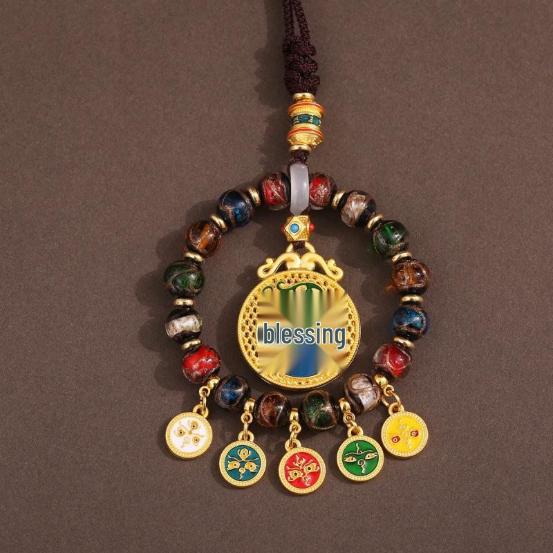 Tibetan Wealth God Zhakila Lhamo Incense Ash Glass Pendant - Five Directions Car Charm, Metal Retro Style