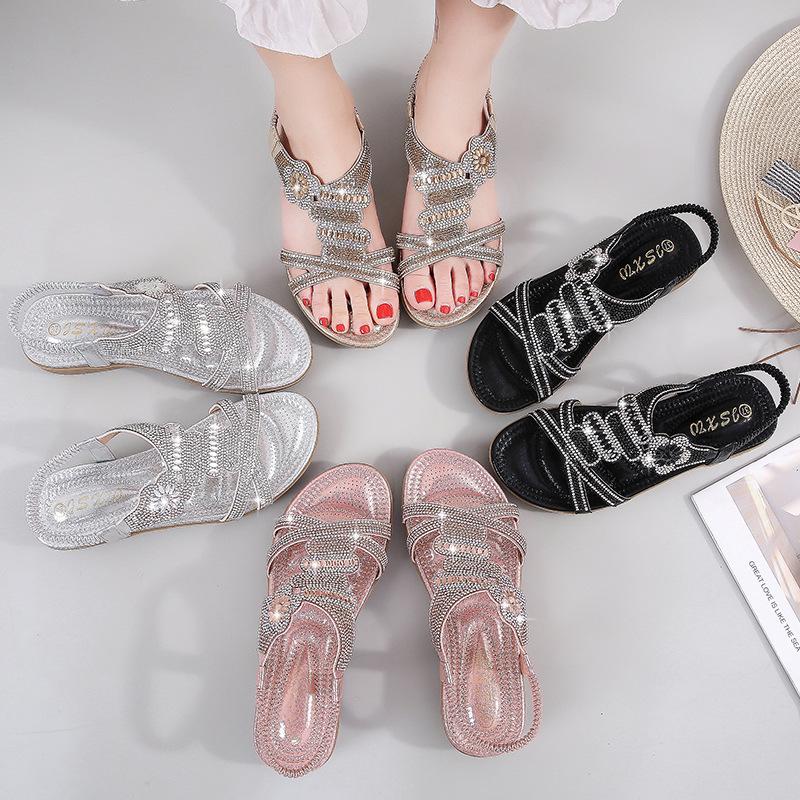 2024 Hot Flat Bottom Large Size Fashion Sandals Women Silver Gold Party Diamonds Summer Shoes Girls Low Heels Sandalias Mujer