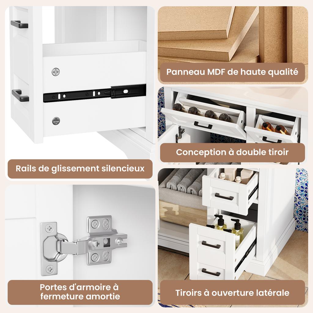 76 x 47 x 82 cm; Floor-Standing Vanity Unit; Painted Surface; Doors with Soft-Close; Two-Tier Side Pull-Out; Ceramic Washbasin; Door Shelf; White.