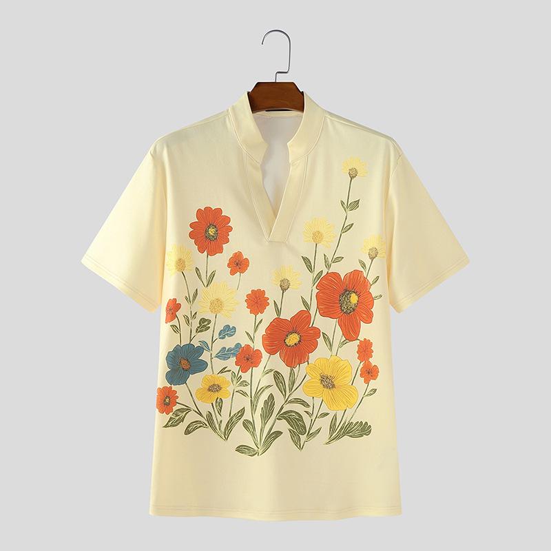INCERUN Мужские рубашки оверсайз в стиле кэжуал с лацканами, короткими рукавами, принтом и пуговицами