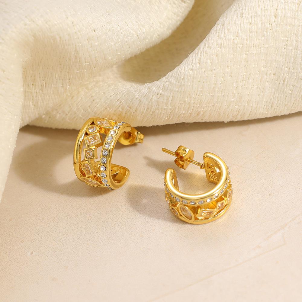 SUMMLY Vintage C-shaped Simple Claw Line Inlaid Diamond 18K Gold Plated Stainless Steel Hollow Stud Earrings Fashion Jewelry