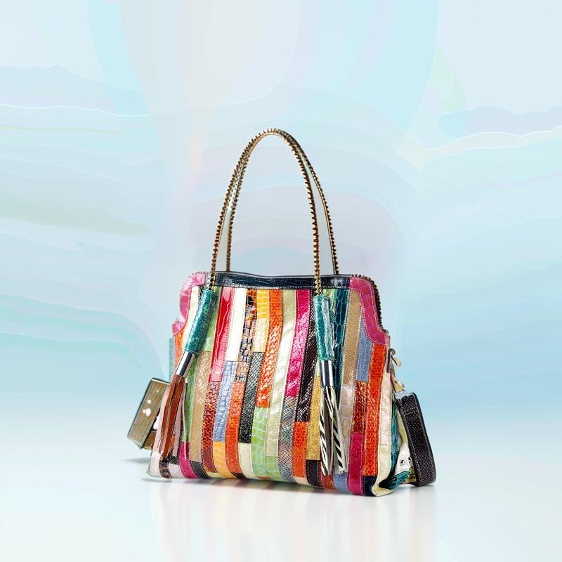 Authentic Leather Women's Tote  Snake Pattern  Shiny Leather  Stripes  Contrast Color  Tassel  Shoulder Bag