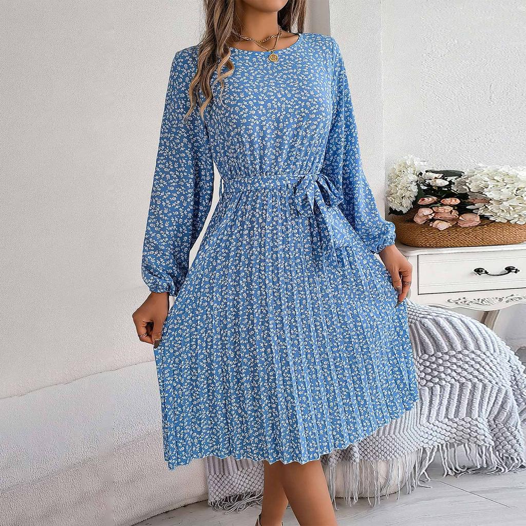 Women Fashion Spring And Summer New Casual Long Sleeve Floral Large Hem Pleated Dress