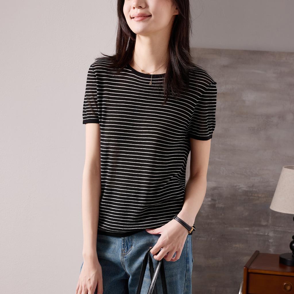 Round Neck Short-Sleeved Thin Striped Knitted Sweater for Women