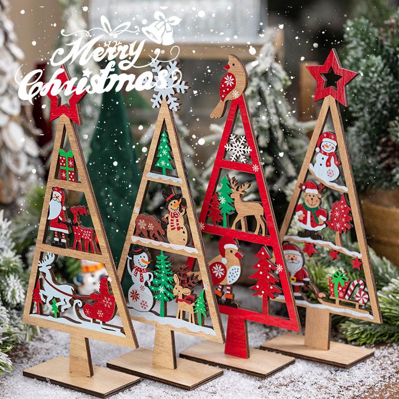 1PC Mini Wooden Christmas Tree Shape Pendants DIY Festival Party Tabletop Ornaments New Year Home Decoration Gift Prop