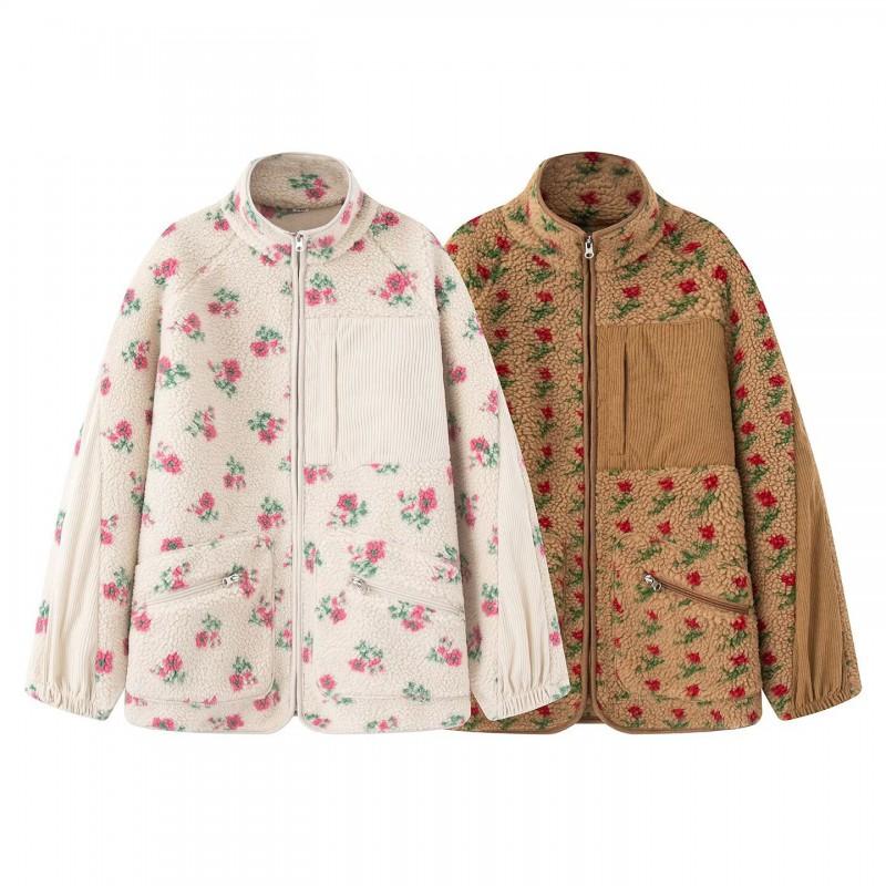 Womens Fleece Jacket With Windproof Pocket Detail Print Loose Fit Streetwear 2025
