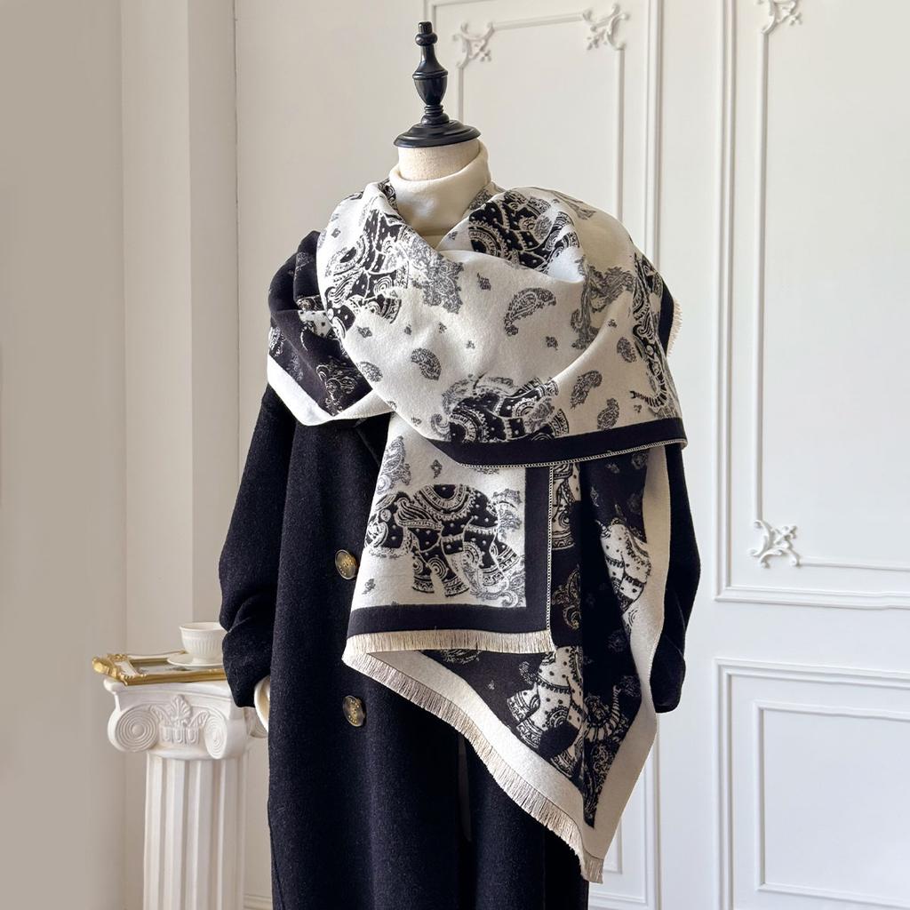 Новый зимний шарф с жаккардовым узором в виде слона из кашемира высокого качества для женщин, толстый платок-шаль, женский шерстяной шарф-пашмина