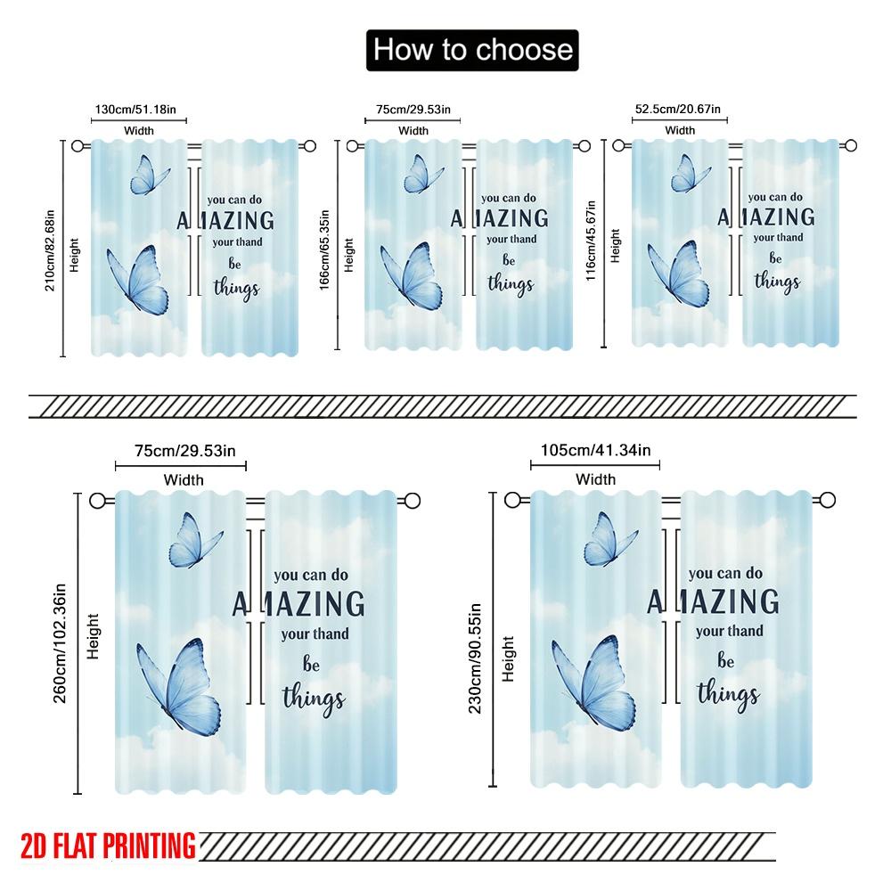 2pcs 2D flat printing Drapes Beautiful Blue Butterflies Amazing Things Fabric Without Electricity All Season Party & Holiday