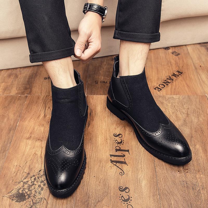 Pointed leather boots carved Brock high-top leather shoes dress casual shoes British style men's shoes short boots