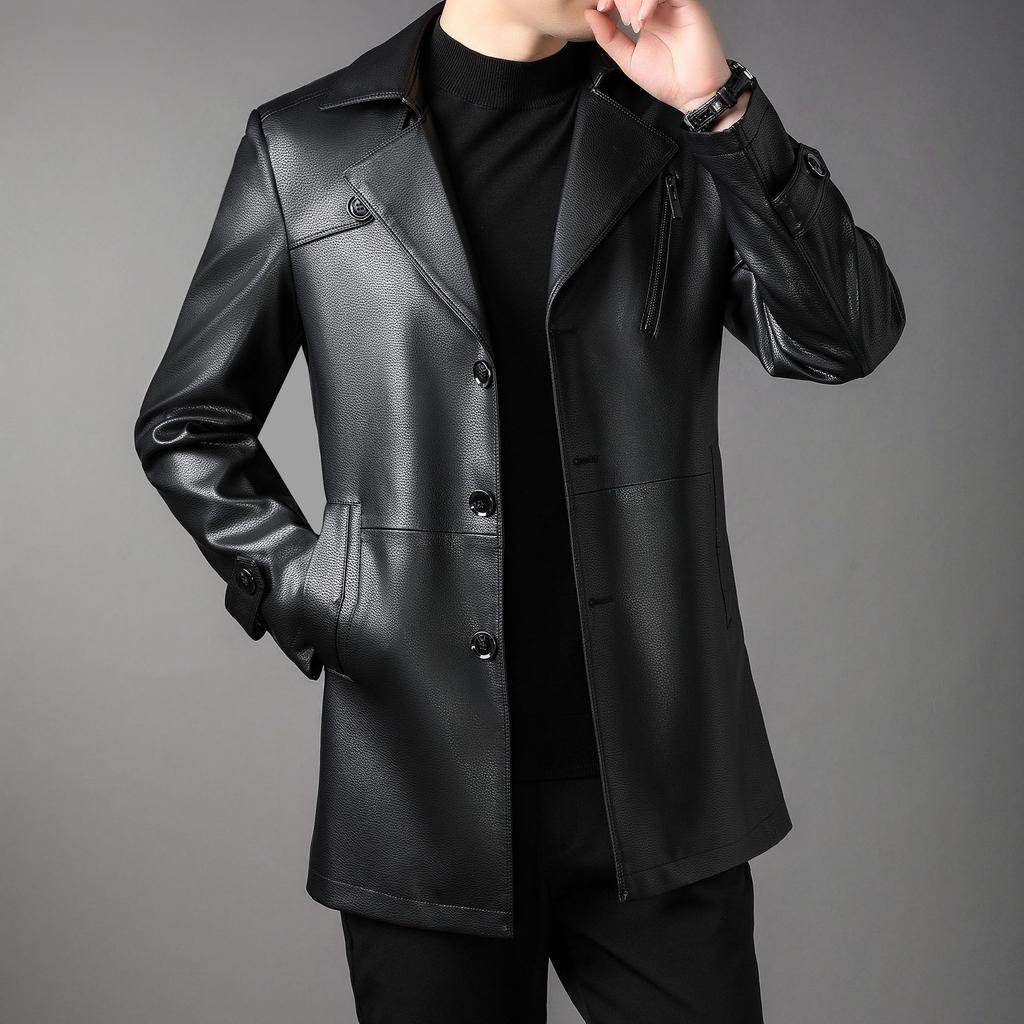 New Genuine Leather Men's Mid-length Windbreaker Leather Coat, Trendy and Handsome Suit Collar Jacket for Young and Middle-aged People
