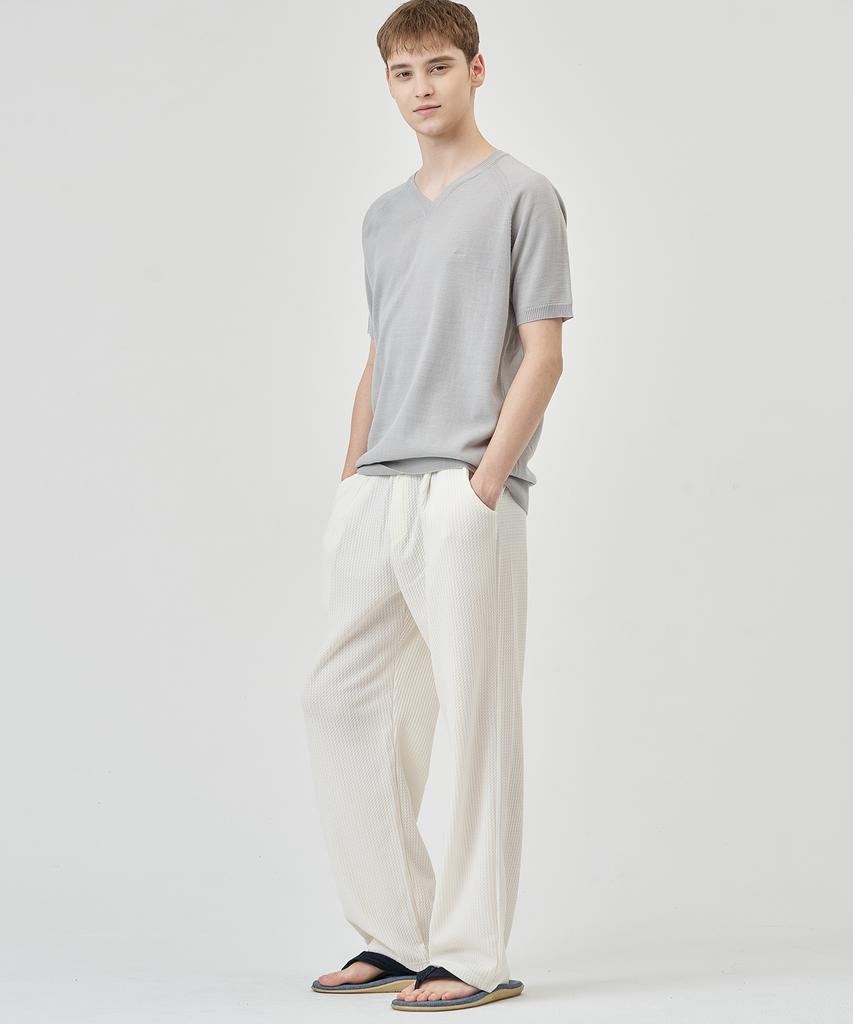 THE-ABON Pin Pattern Stretch Wide Elastic Waist Pants Ivory