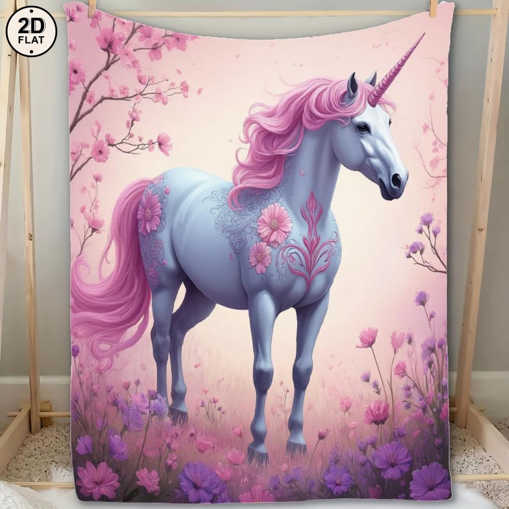 1pc Soft & Cozy Flannel Blanket - Dreamy Unicorn Floral Fantasy Design with Pink & Purple Flowers, Light Blue Unicorn & Pastel F