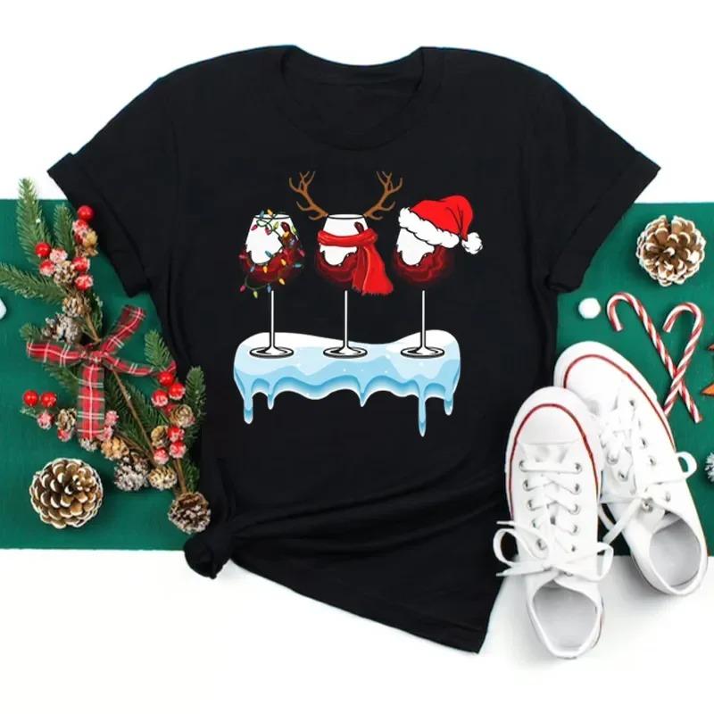 Cute Christmas Graphic T Shirt With Funny Wine Glass Snowman Santa Hat Elements Designs Stylish Casual Short Sleeve Tee