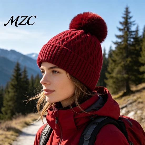 Soft Elastic Beanies for Daily Wear Winter Cable Knit Hat, Women Fleece Lined Hat with Pompom, Knitted Pompom Cozy Stretchy Skull Cap Outdoor Cycling