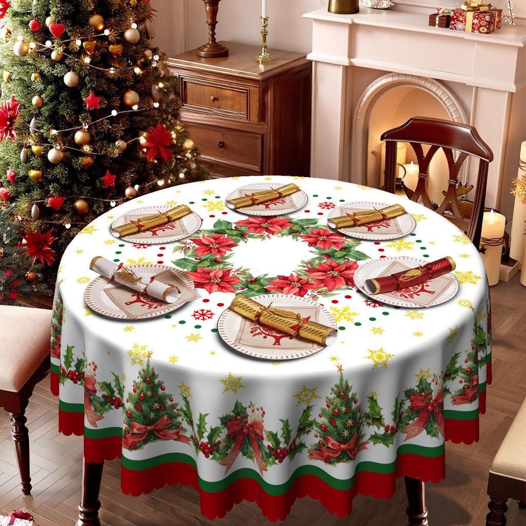 Christmas Tablecloth, Christmas Tree Red Ribbon Waterproof Tablecloth, Round Table Available, Dining Table Decoration Cover