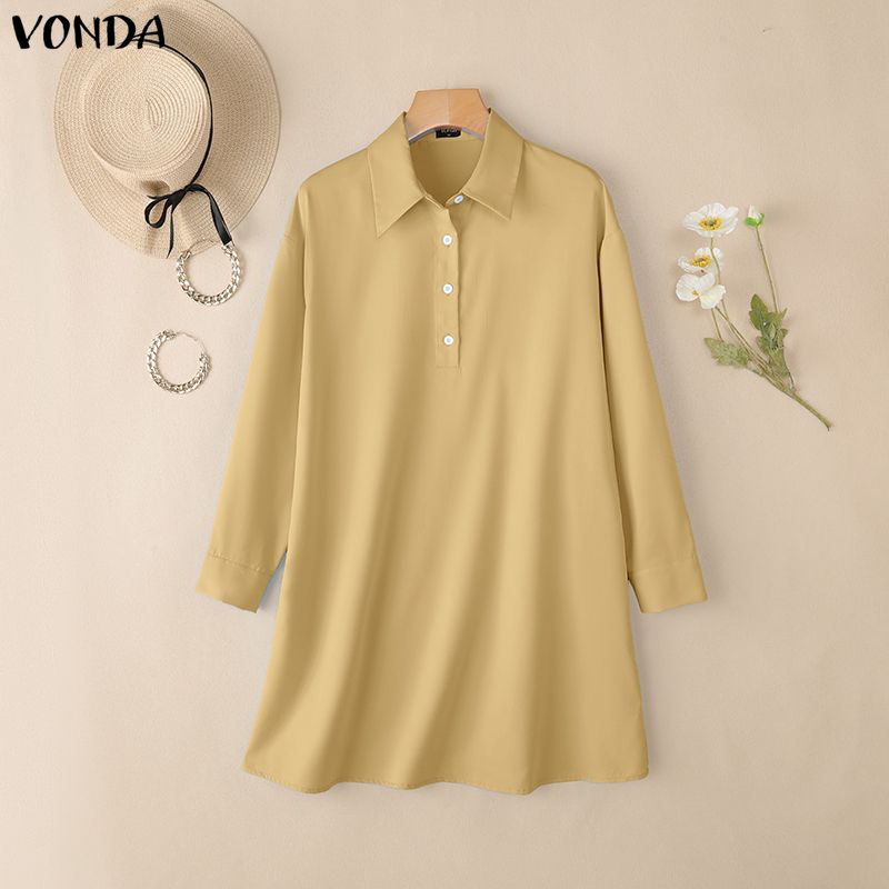 VONDA Женское повседневное мини-платье-туника с лацканами, длинными рукавами и застежкой на пуговицы