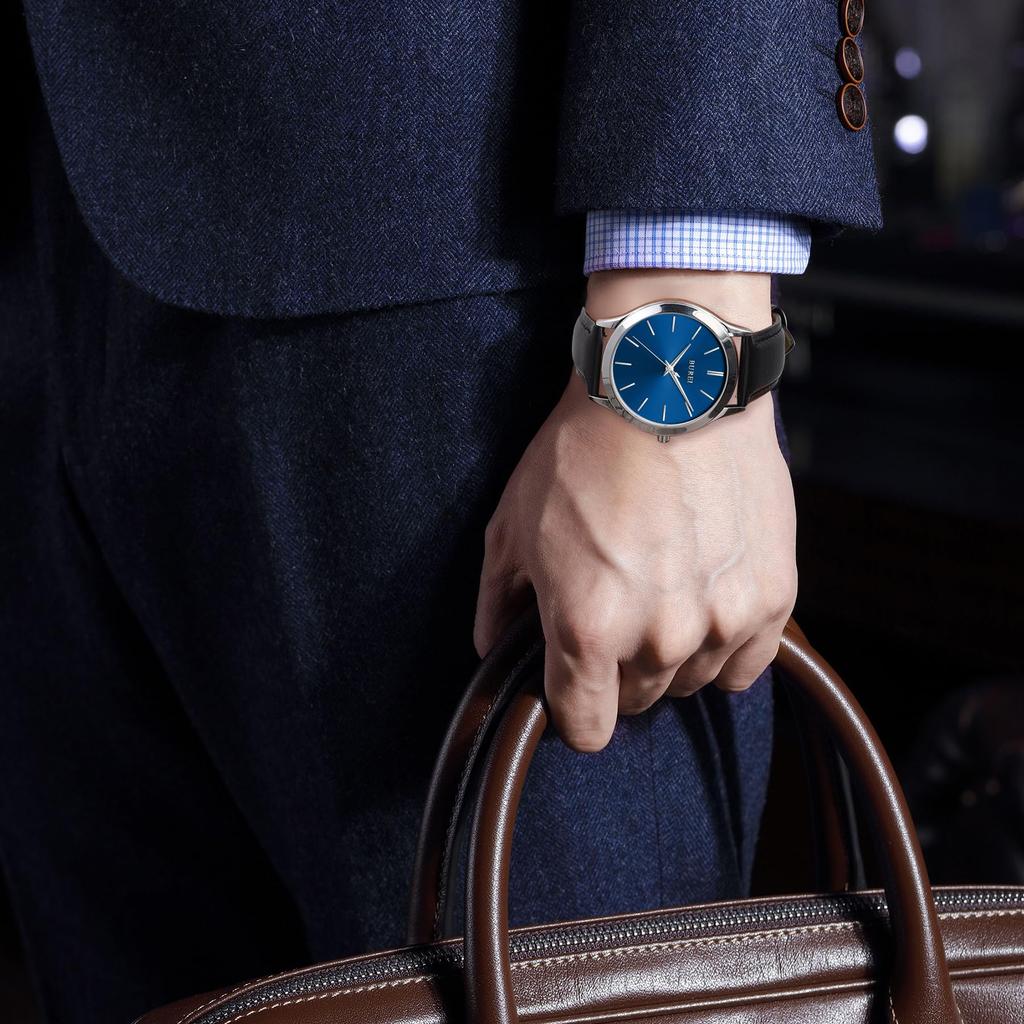 BUREI Analog Quartz Black Leather Popular Slim Simple and Stylish for Business and Casual Wear Men's Watch, Waterproof, Strap, Watch, (Blue, Leather)