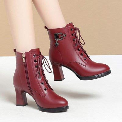 Высокие каблуки универсальные короткие ботинки весна и осень бархатные утолщенные кожаные туфли боковая молния осень и зима новые ботинки женская обувь ботинки Мартин