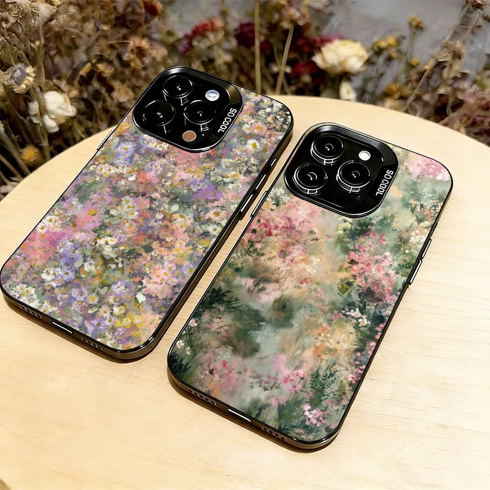 Чехол для телефона серия «Цветы маслом» для iPhone 17, 16, 15, 14, 13, 12, 11 Plus, Pro Max, XS, Цветная серебристая внутренняя крышка