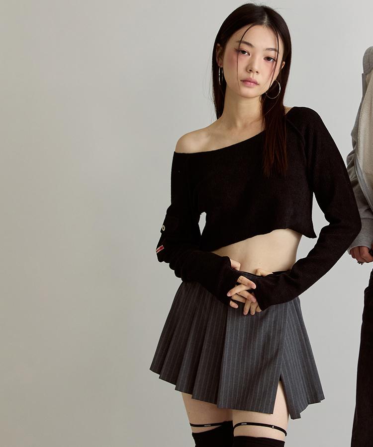 Poyeong Slit Pleats Skirt Pinstripe