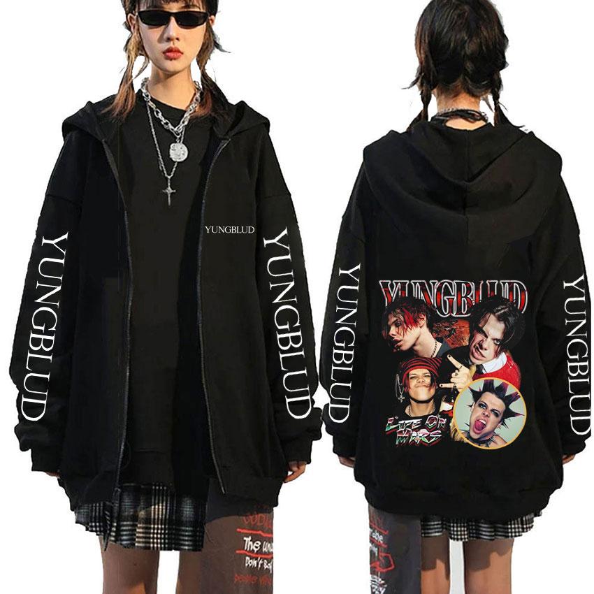 Singer Yungblud Black Hearts Club Zipper Hoodie Male Fleece Cotton Zip Up Hoodies Men Women Rock Vintage Oversized Zip Up Jacket