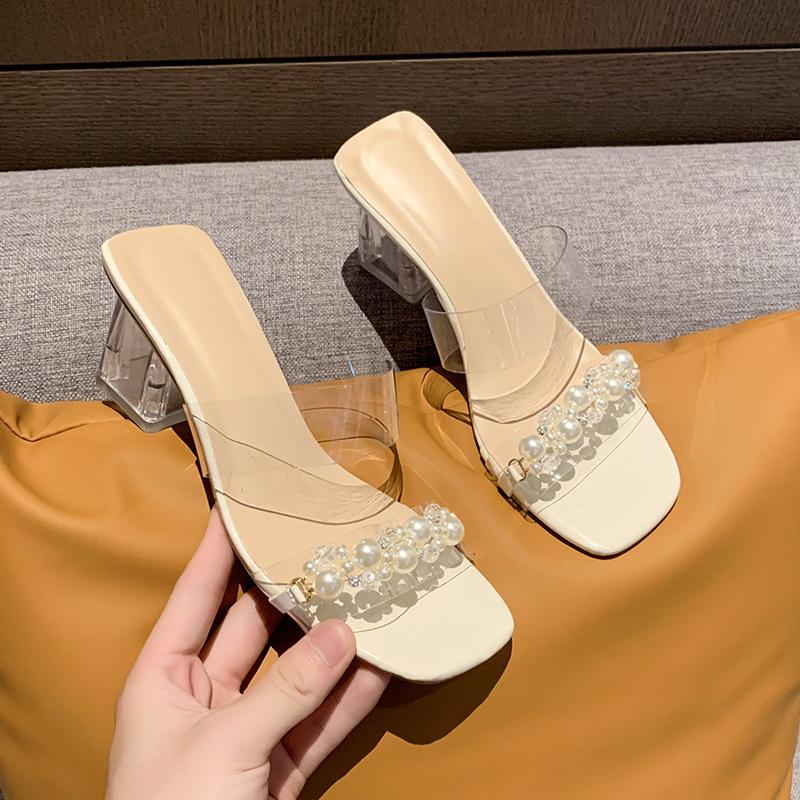 Summer New Trendy Casual Square Head with Transparent Sandals Women's High Heels Crystal Thick Heel Cool Slippers