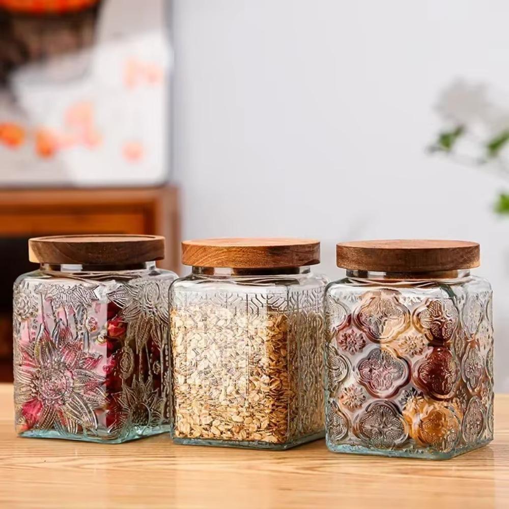 Square Kitchen Glass Bottle Vintage Mason Jar Multi-functional Embossed Glass Storage Jar Candy