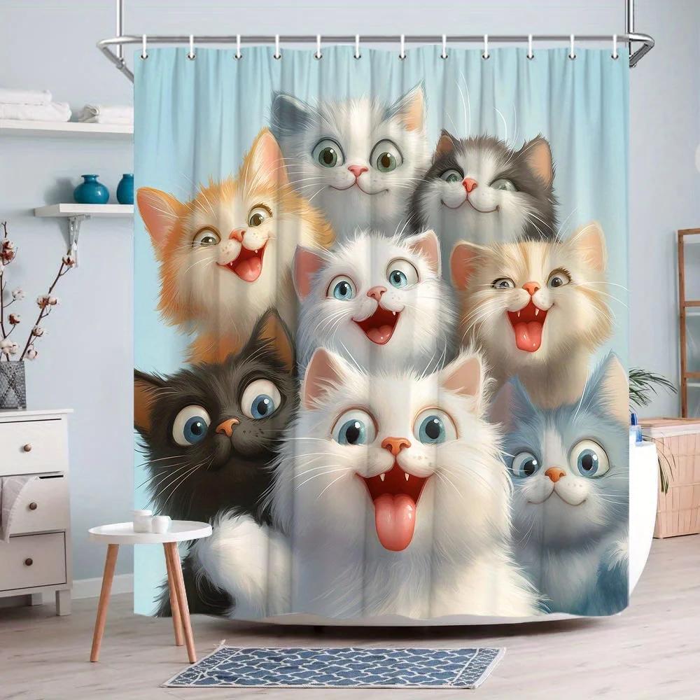 Очаровательная шторка для душа с котиками - 9 игривых мордочек, 12 крючков, моющийся полиэстер, подарок для любителя кошек