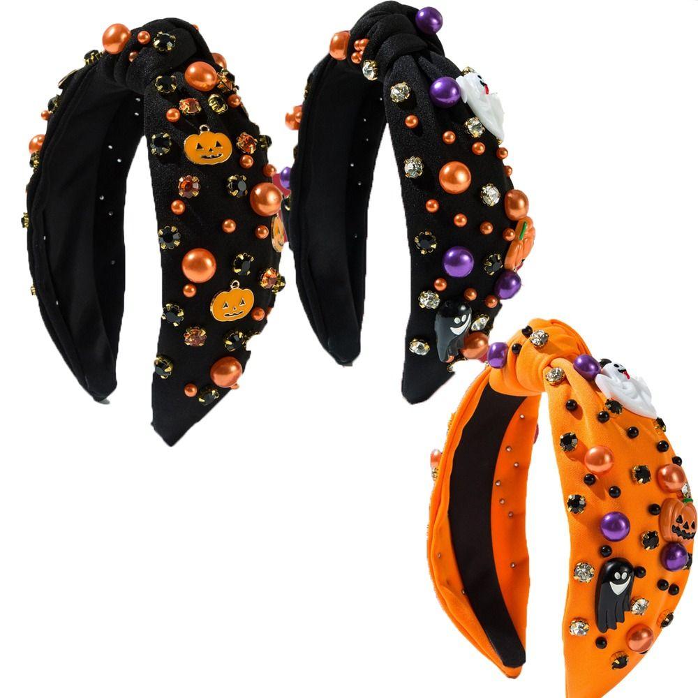 Хэллоуинская повязка на голову со стразами и жемчугом в стиле узла, с призраком и тыквой, барочная повязка на голову для взрослых