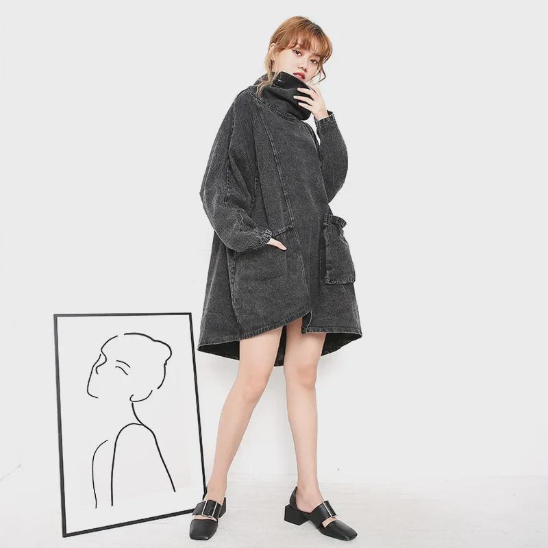 Европейская весенняя мода: Темно-черная водолазка-пуловер, свитшот - большой размер, нестандартный дизайн из денима