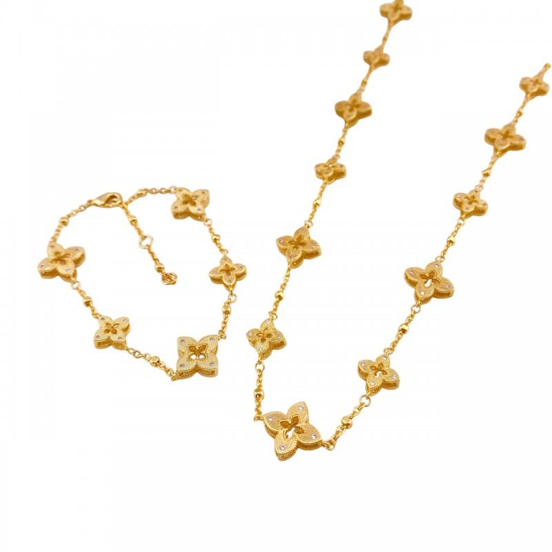 Geometric Four Leaf Clover Hollow Pendant Necklace Bracelet Set Women Fashionable OL Style Gold Plated Copper Jewelry