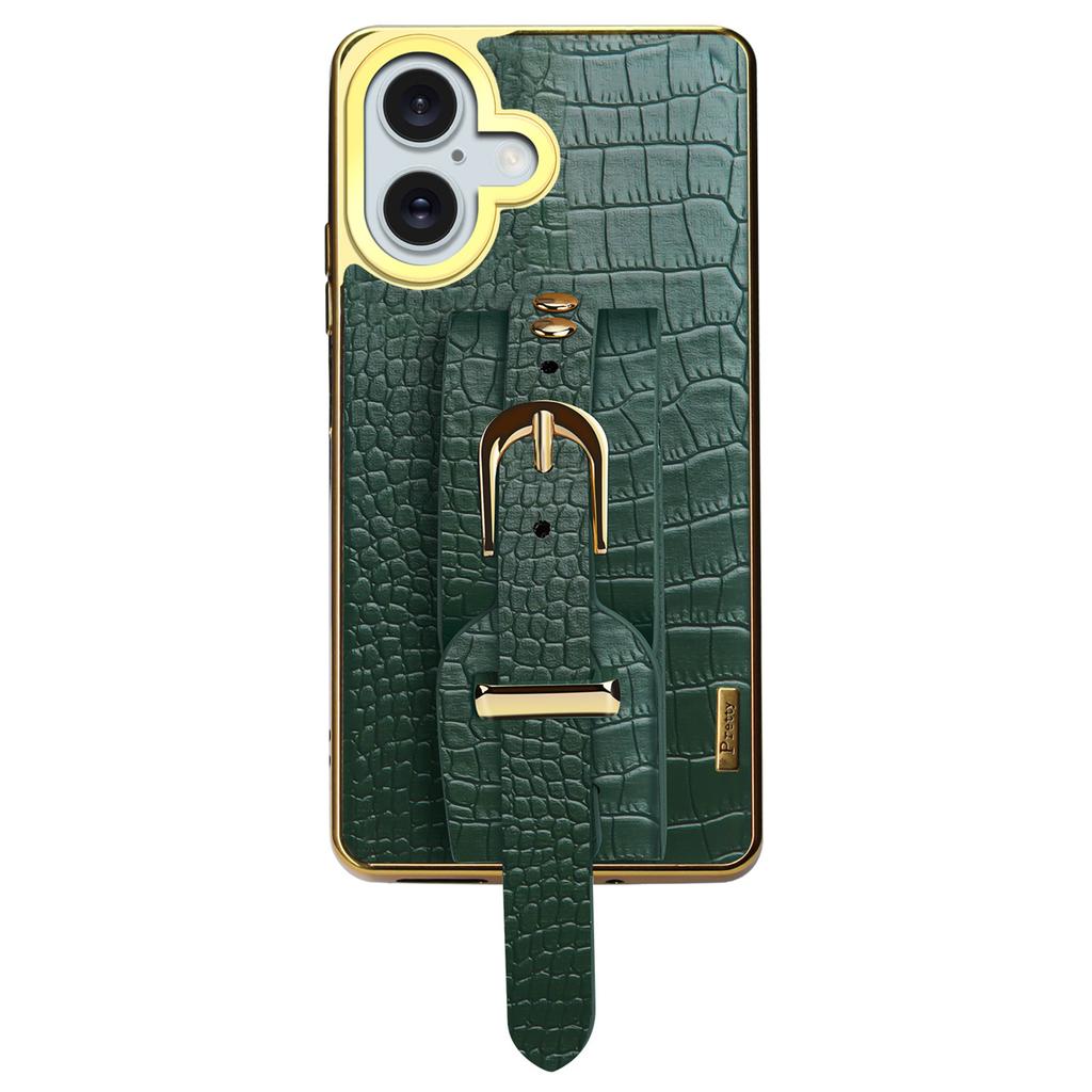 For iPhone 16 Case Crocodile Texture PU Leather+TPU Electroplating Phone Cover Wristband Kickstand - White