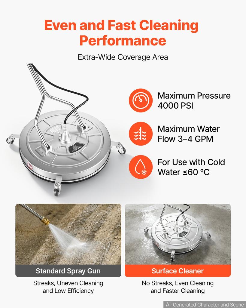 VEVOR 76.2 cm Pressure Washer Surface Cleaner with Wheels, Stainless Steel, Power Washer Attachment with Raised Handle for Concrete, Patio, Sidewalk