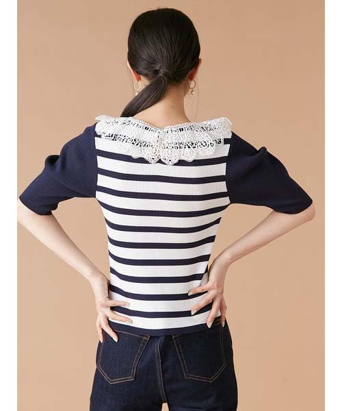 Lily Brown Border Knit Top LWNT252021 Women's Lace-Collar