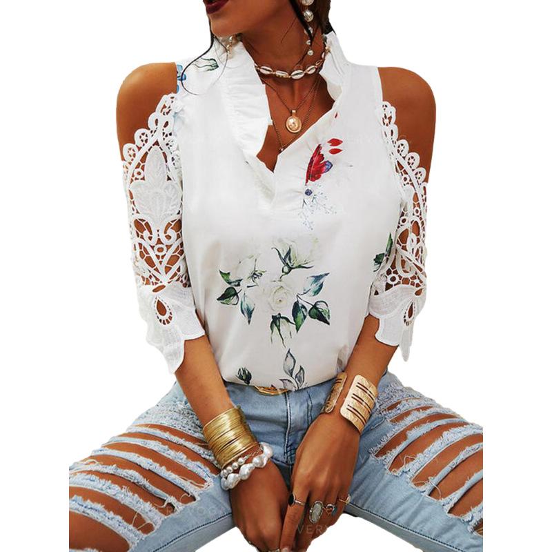 QICED Summer Women's Top Floral Print Off-the-shoulder Lace Patchwork Long-sleeved T-shirt for Women