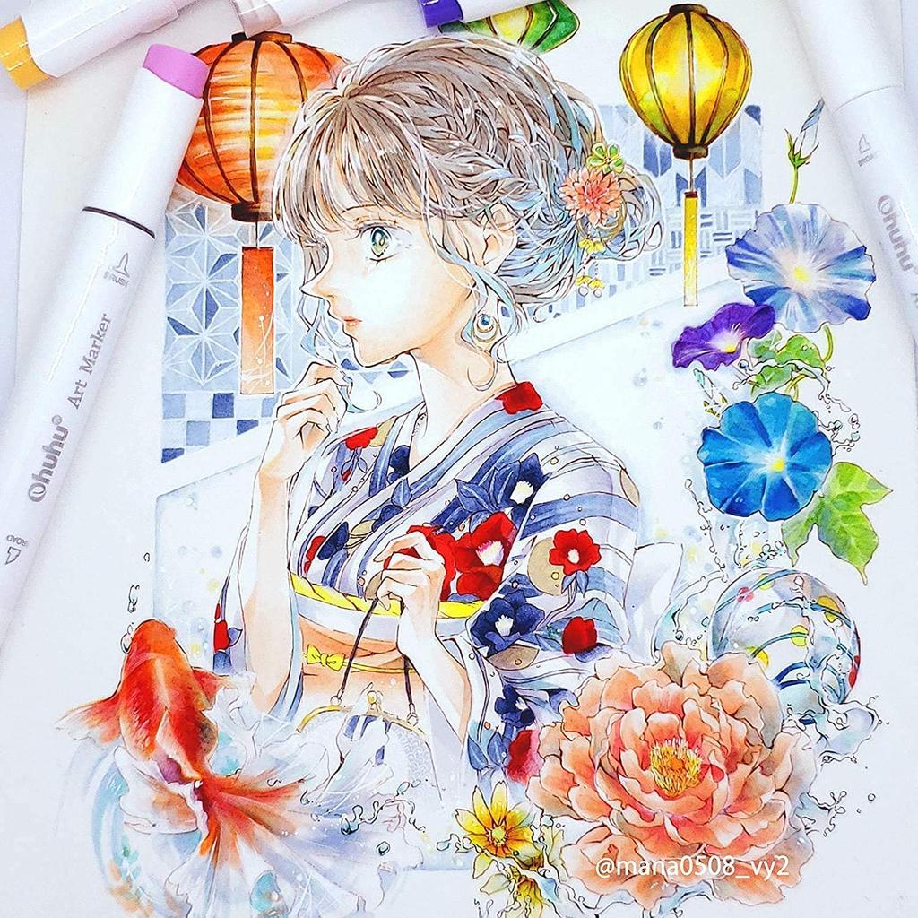 Маркер Ohuhu, тип кисти, 48 цветов, 49 штук, маркер для иллюстраций с 1 ручкой-блендером, кисть серии Honolulu/жирная