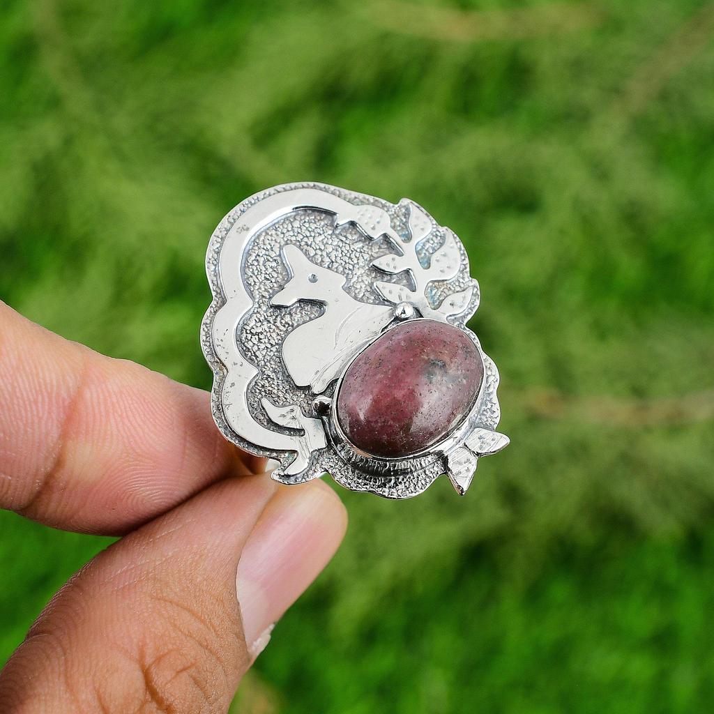 Mothers day Deal 925 Silver Rhodonite Gemstone Anniversary Bezel Statement Ring