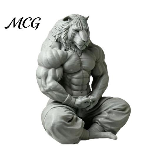 Soft Furnishing Accessory 3D Printed Tiger Man Figurine, Muscular Figure Ornament, Minimalist Animal Sculpture with Details, Zen Posture Desktop Decor