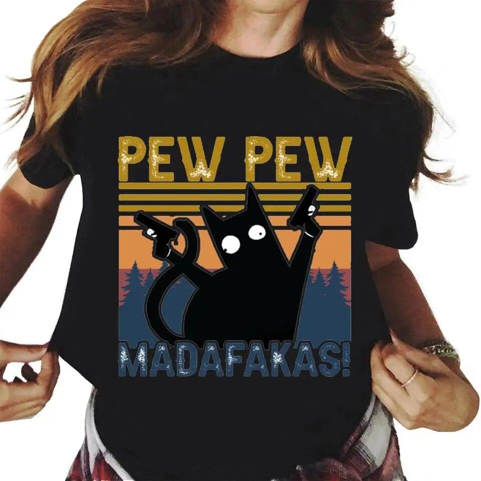 Pew Madafakas Графический принт Симпатичная футболка с черными кошками Унисекс Женская мода Повседневная футболка с круглым вырезом с коротким рукавом Плюс Размер Футболка унисекс