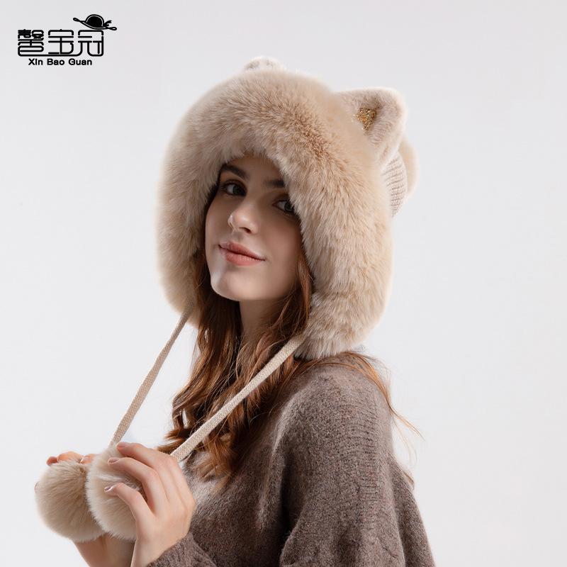 Милая зимняя вязаная шапка для женщин с мультяшными кошачьими ушками и помпонами, утепленная флисовая подкладка для защиты ушей для женщин