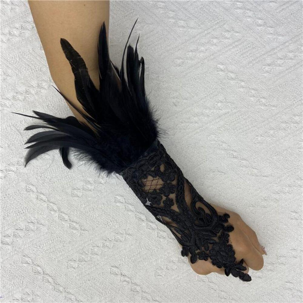 1PC Embroidery Feather Long Gloves White Black Female Mittens Wedding Gloves Party Wear